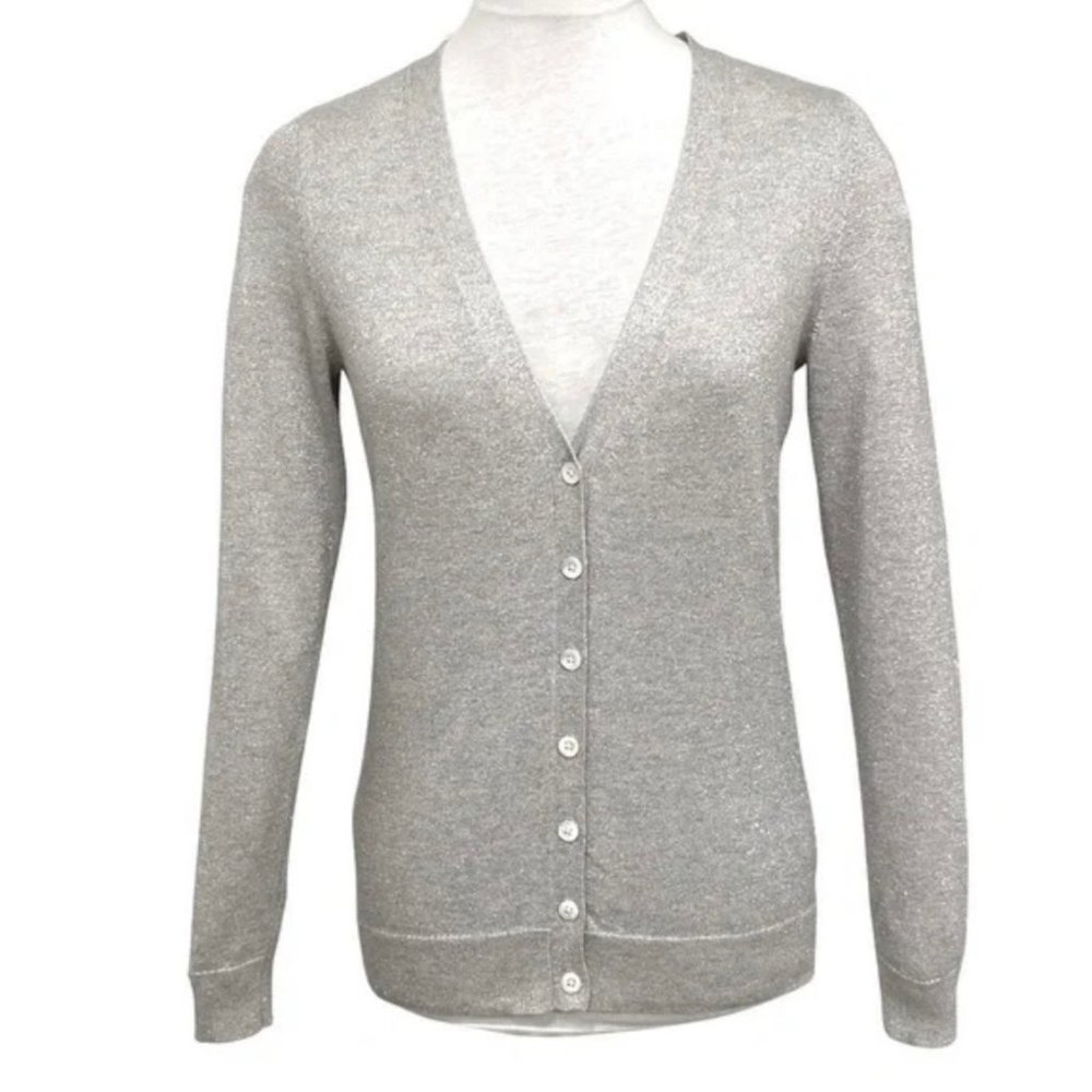 Banana Republic silver shimmer silk blend V-neck cardigan. Women’s size S